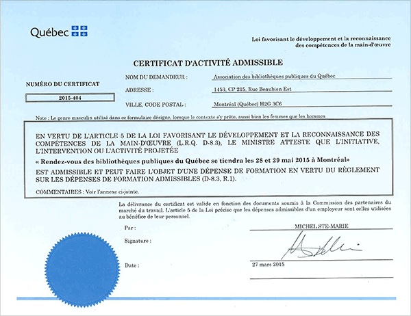 Certificat d'activité admissible