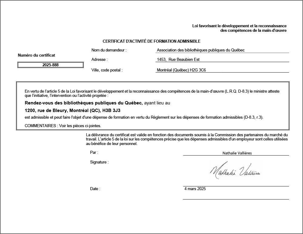 Certificat d'activité admissible